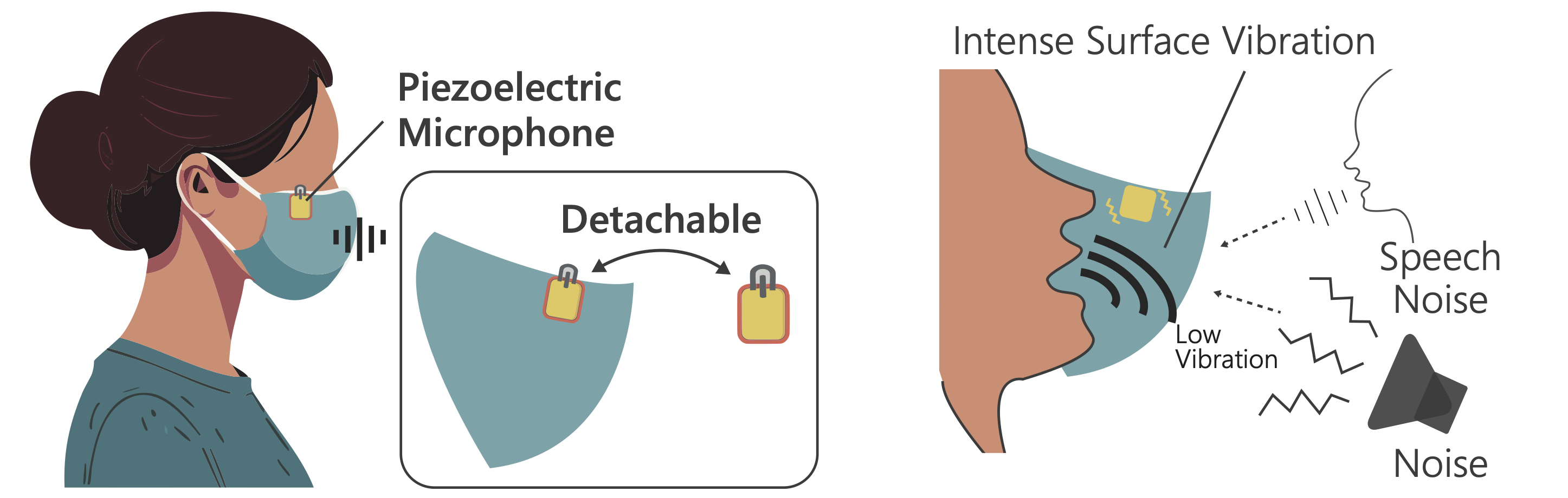 A detachable piezoelectric sensor captures mask surface vibrations produced by speech.