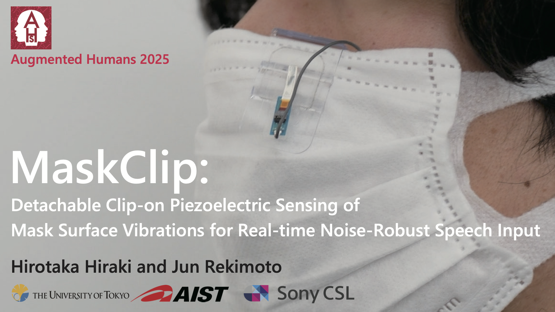 MaskClip prototype attached to a face mask, with the Augmented Humans 2025 presentation title.